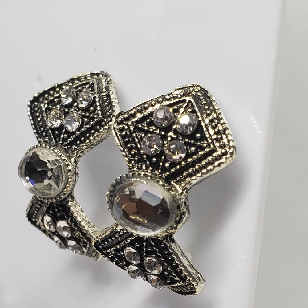 Metal and Grey Rhinestone Vertical Bow Earrings